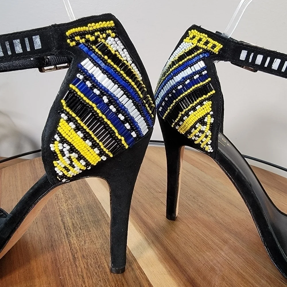 Nicole Miller Beaded Heels Multi Color Seed Bead Black Leather Stiletto Size 7.5